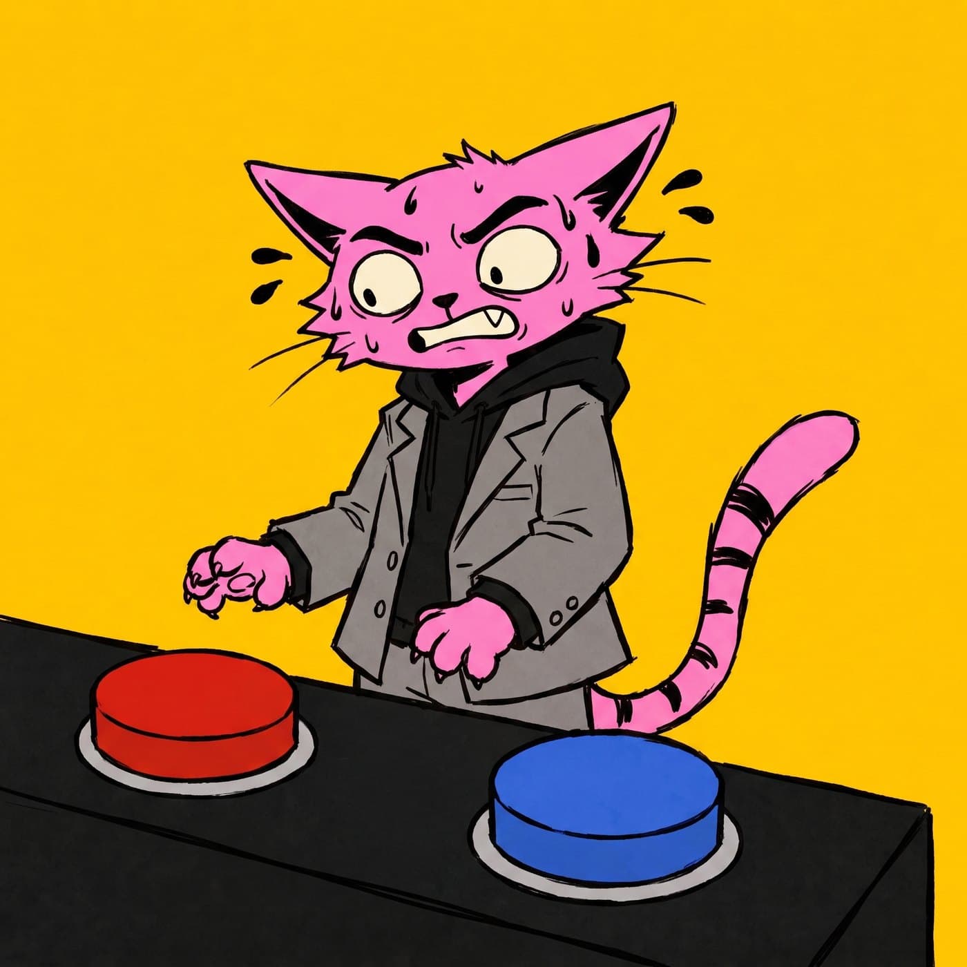 Puss deciding between a big red button and a big blue button