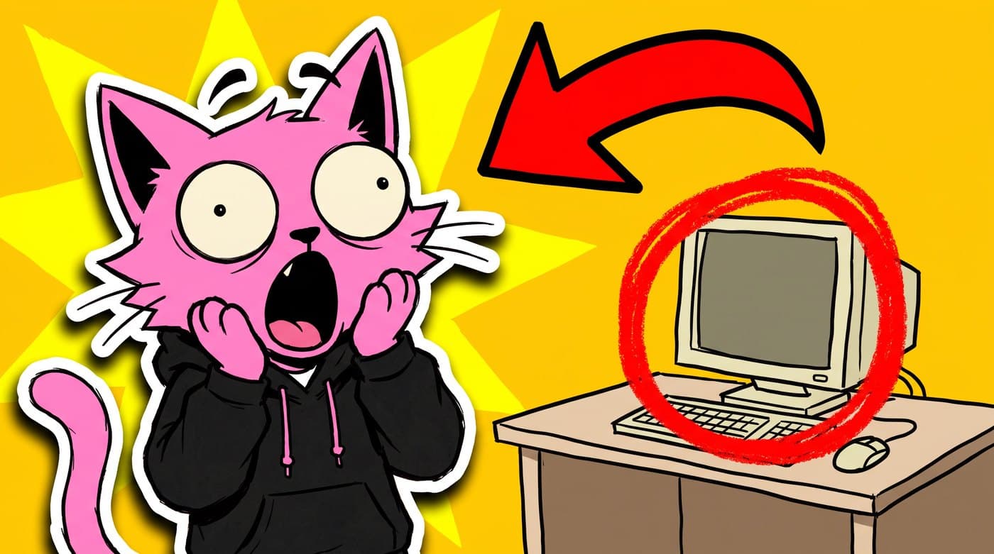 Puss screaming at an old desktop computer