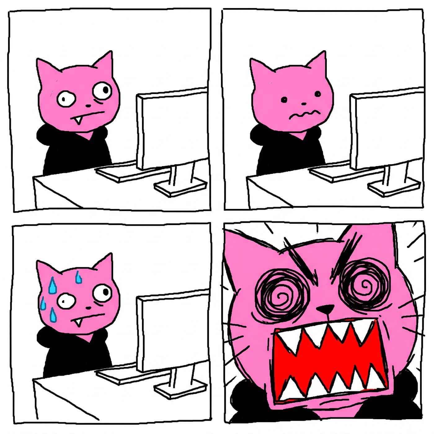 Four-panel comic: Puss loses focus at the screen, then snaps