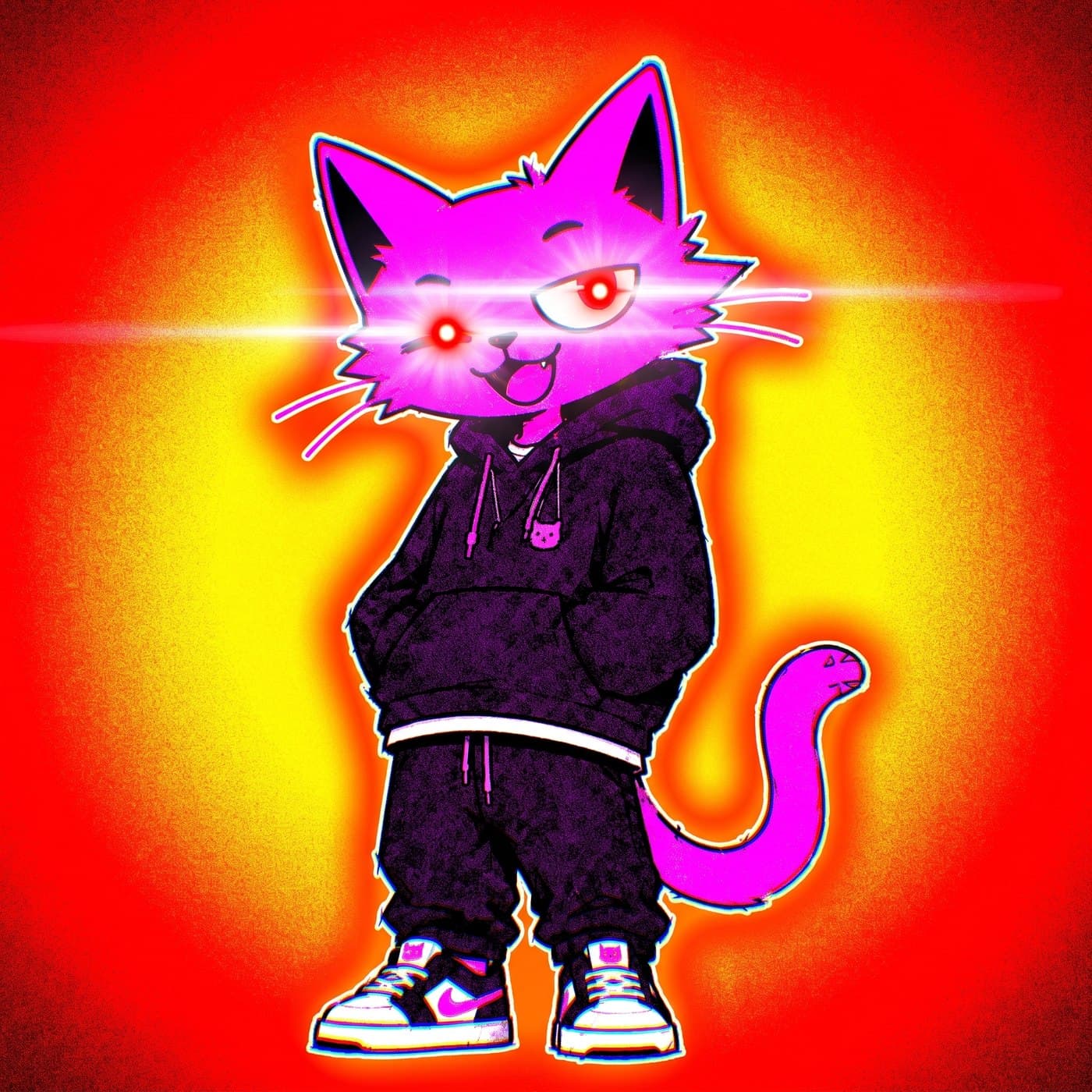 Puss with glowing eyes in a blaze of light