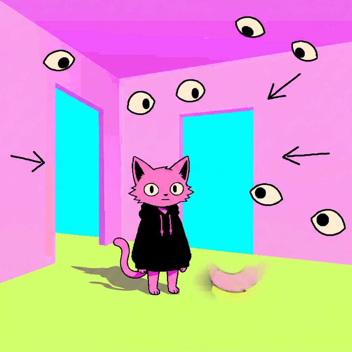 Puss in a candy-coloured room lined with eyes