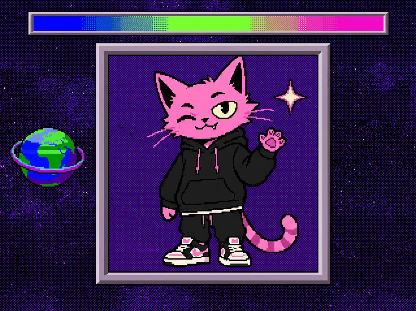 Puss in a pixel-art frame floating in space