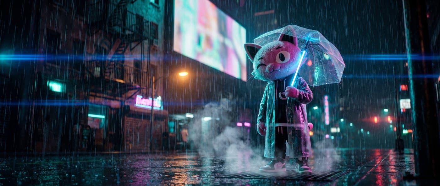 Puss under an umbrella on a rain-soaked neon street