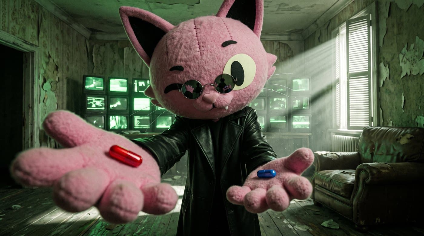 Puss in a long coat offering a red pill and a blue pill