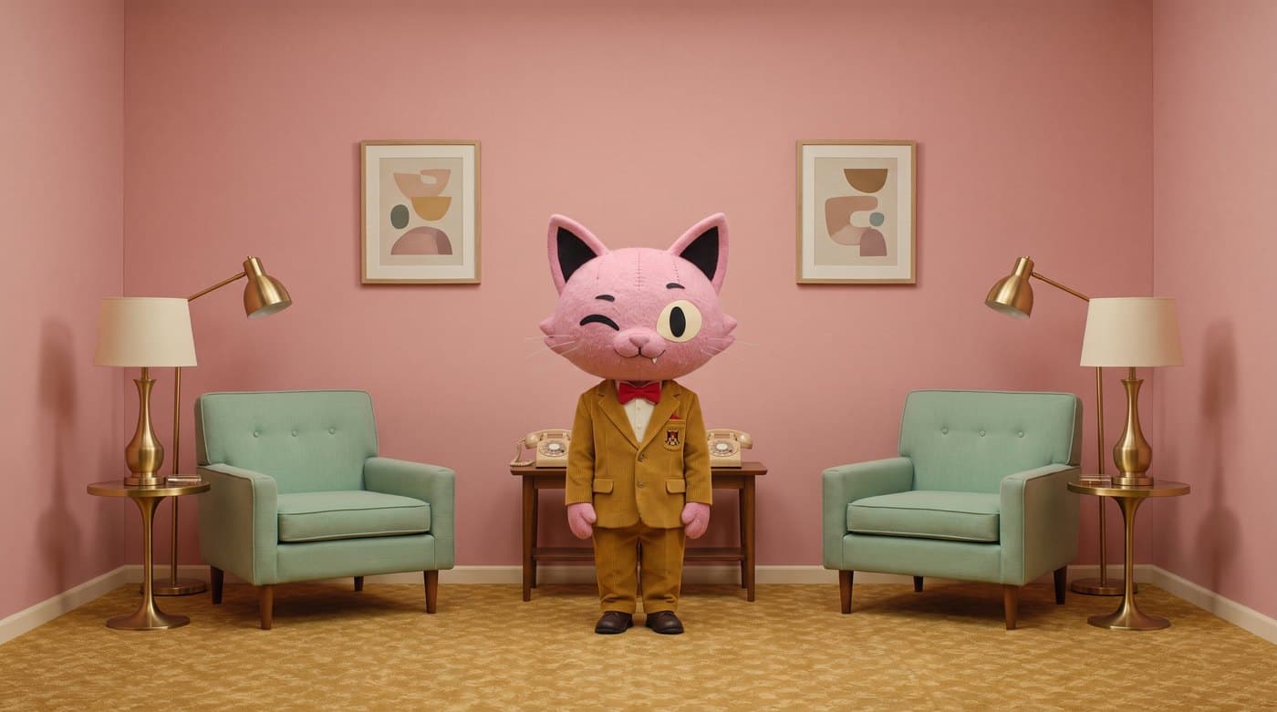 Puss in a suit centred in a symmetrical pink room