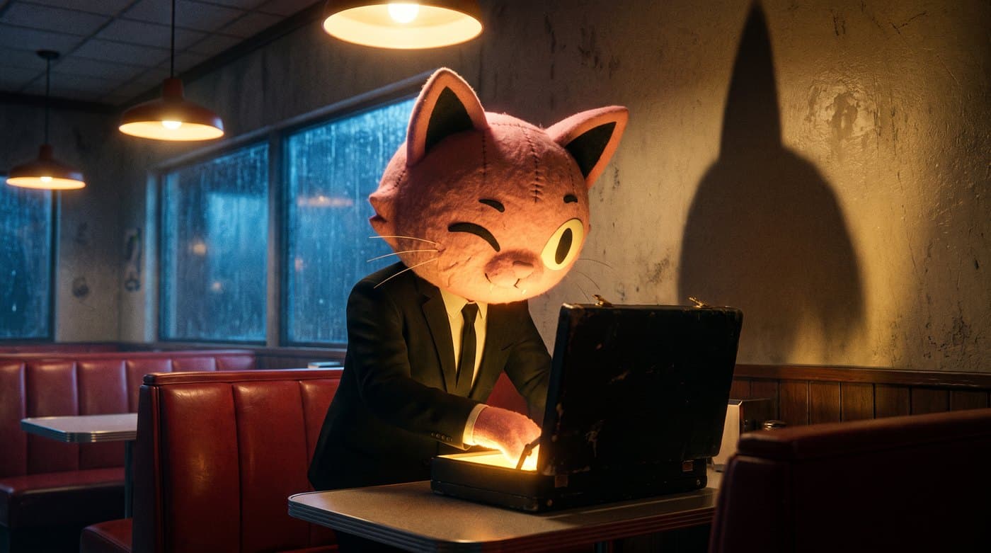 Puss opening a glowing briefcase in a dark diner
