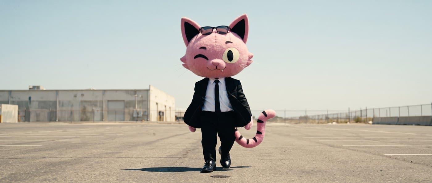 Puss walking across an empty airfield in a black suit