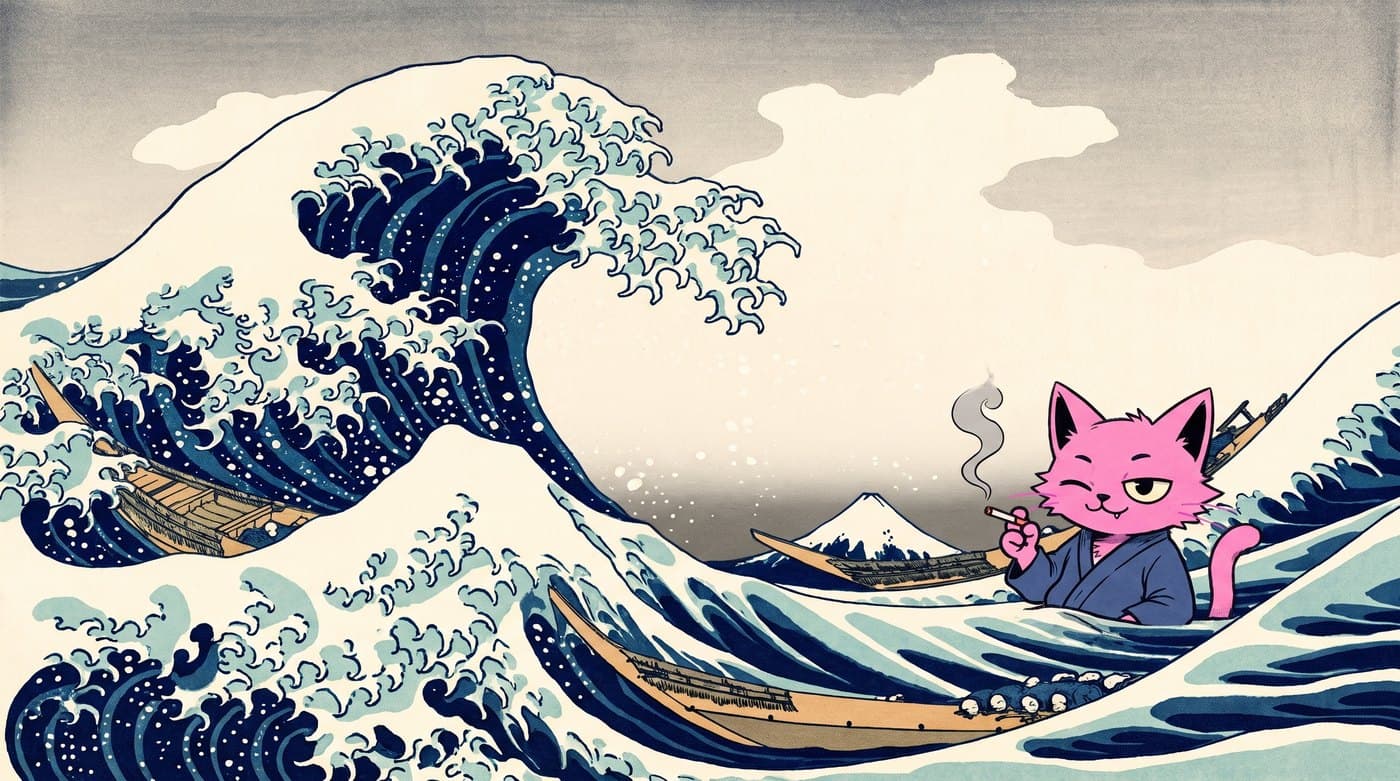 Puss riding a boat in Hokusai's Great Wave
