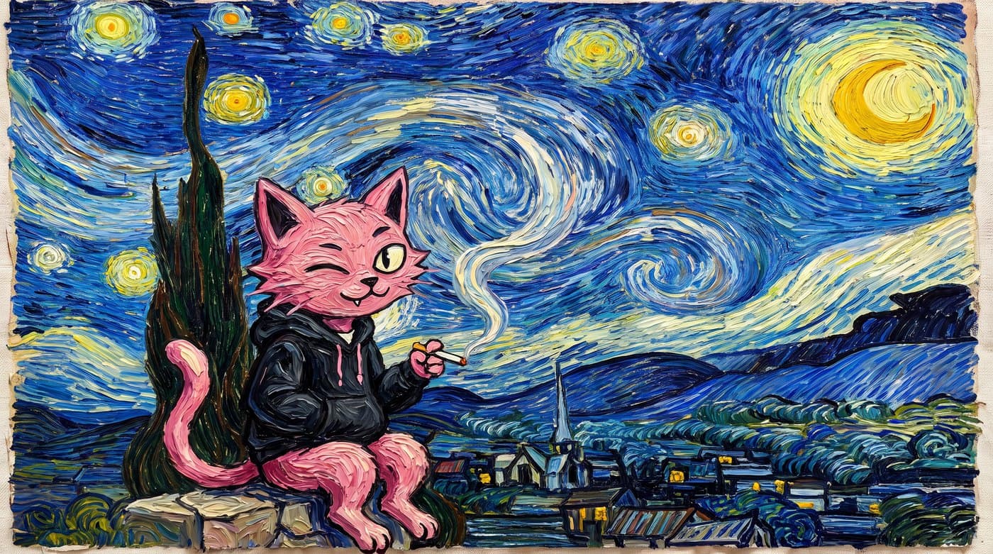 Puss lounging in Van Gogh's Starry Night